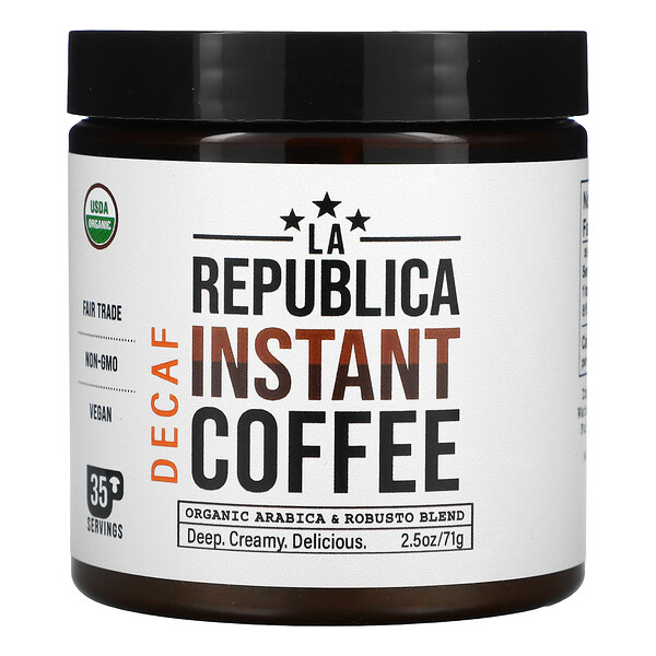 Растворимый кофе, органическая смесь арабики и робусто, без кофеина, 2,5 унции (71 г) LA Republica