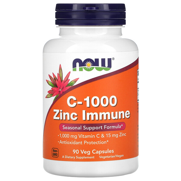 C-1000 Zinc Immune, витамин С, 1000 мг и цинк, 15 мг, 90 растительных капсул NOW Foods