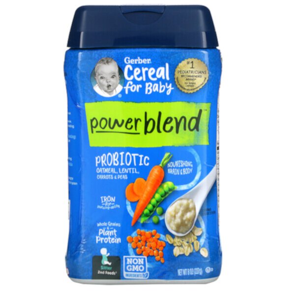 Powerblend Cereal for Baby, Пробиотическая овсянка, чечевица, морковь и горох, 2nd Foods, 8 унций (227 г) GERBER