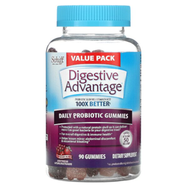 Digestive Advantage, Жевательные таблетки с пробиотиками для ежедневного использования, натуральный фруктовый вкус, 90 жевательных конфет Schiff