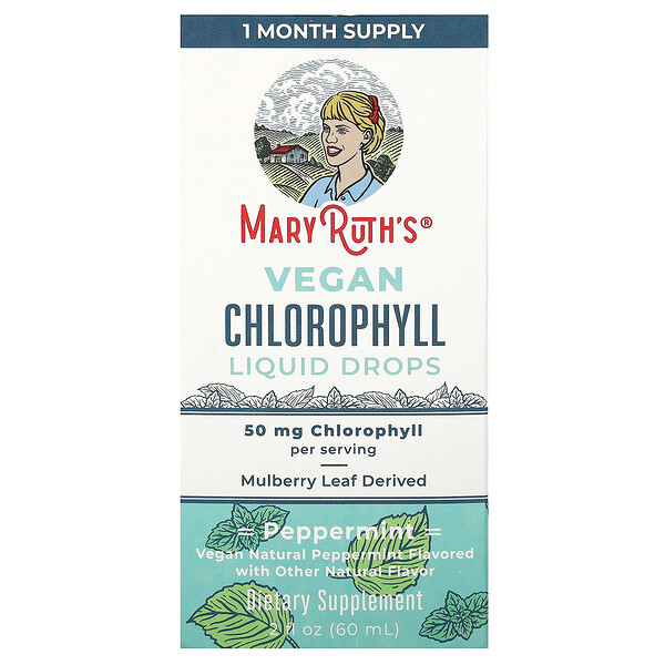 Vegan Chlorophyll Liquid Drops (Жидкие капли), Peppermint, 50 mg, 2 fl oz (Жидкие унции) (60 ml) MaryRuth's