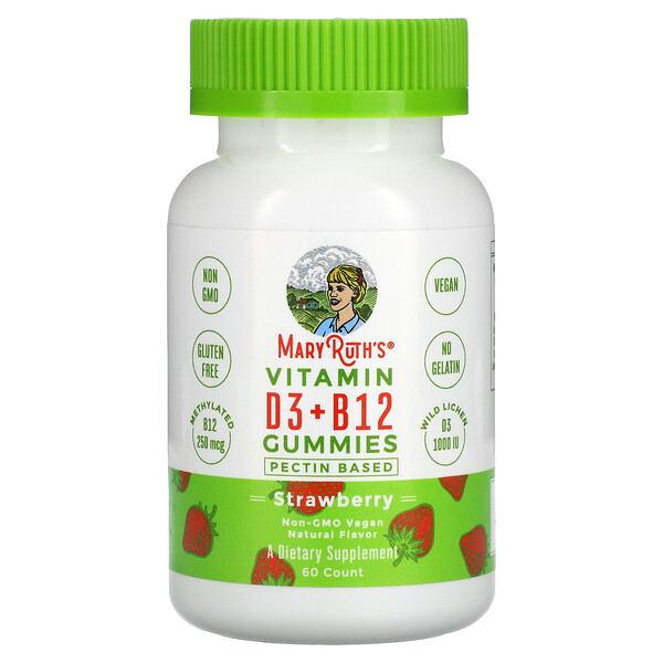 Витамин D3 + B12 в жевательных конфетах, на пектине, клубника, 60 конфет - MaryRuth Organics MaryRuth's