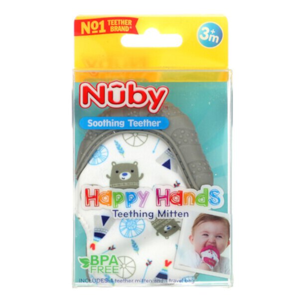 Soothing Teether, Рукавица для прорезывания зубов Happy Hands, от 3 месяцев, медведи, набор из 2 предметов NUBY