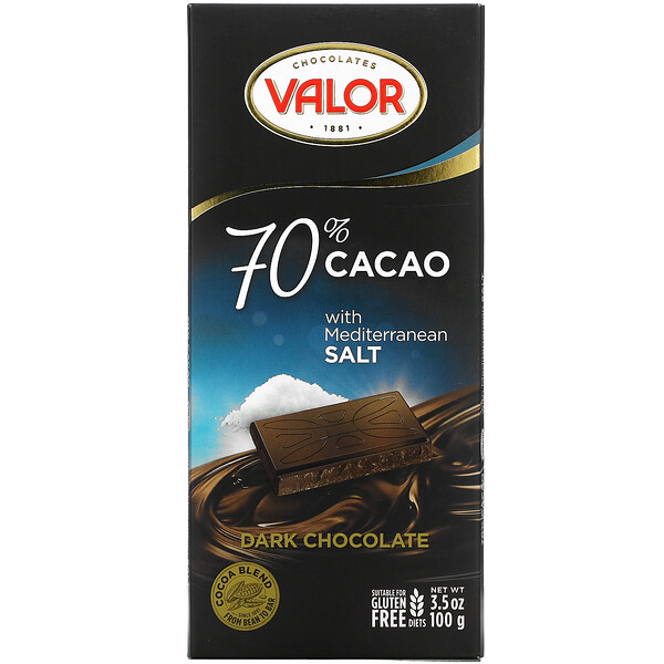 Темный шоколад, 70% какао со средиземноморской солью, 3,5 унции (100 г) Valor