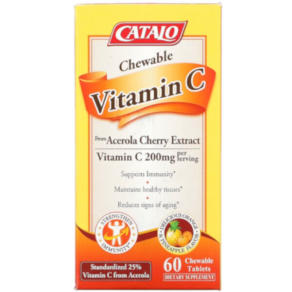 Жевательный витамин С, апельсиновый ананас, 100 мг, 60 жевательных таблеток Catalo Naturals