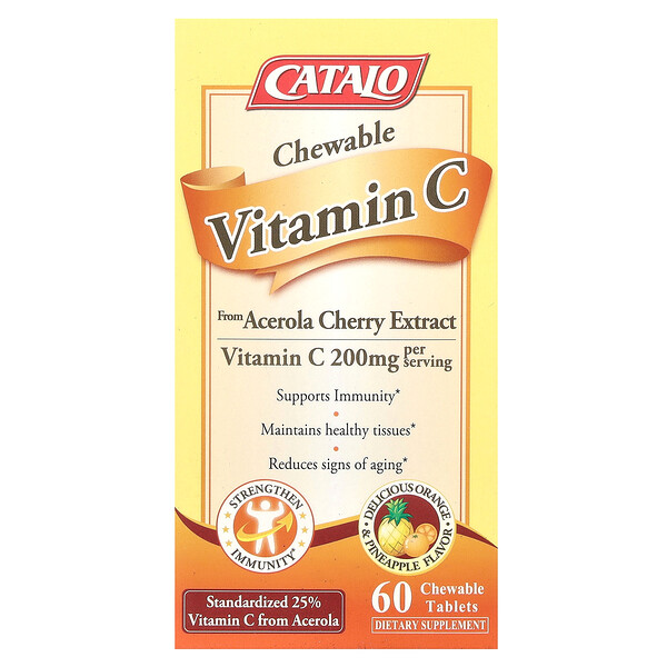 Жевательный витамин С, апельсиновый ананас, 100 мг, 60 жевательных таблеток Catalo Naturals