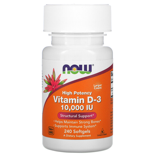 Витамин D-3, 250 мкг (10 000 МЕ), 240 мягких таблеток NOW Foods