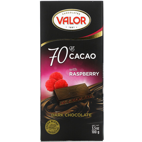 Темный шоколад, 70% какао с малиной, 3,5 унции (100 г) Valor
