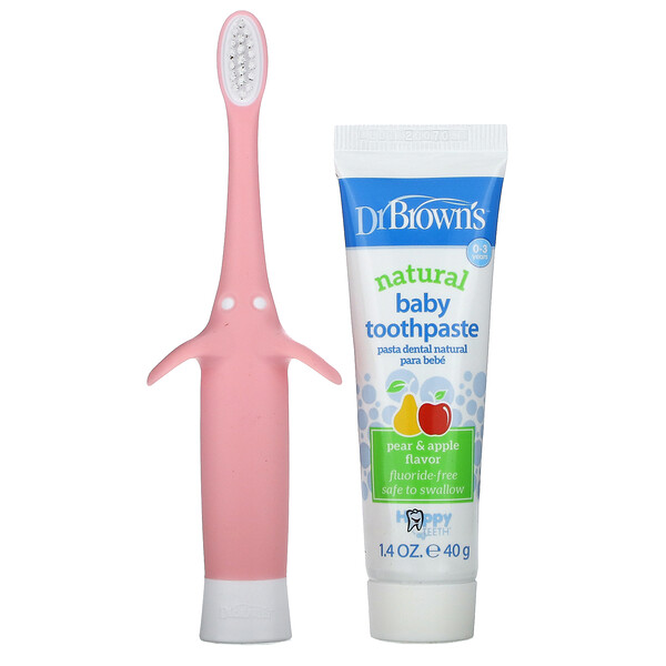 Набор зубных щеток для младенцев и малышей, 0–3 года, груша и яблоко, розовый, 1,4 унции (40 г) Dr. Brown's