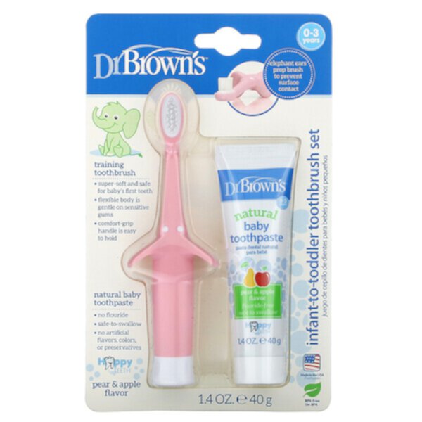 Набор зубных щеток для младенцев и малышей, 0–3 года, груша и яблоко, розовый, 1,4 унции (40 г) Dr. Brown's
