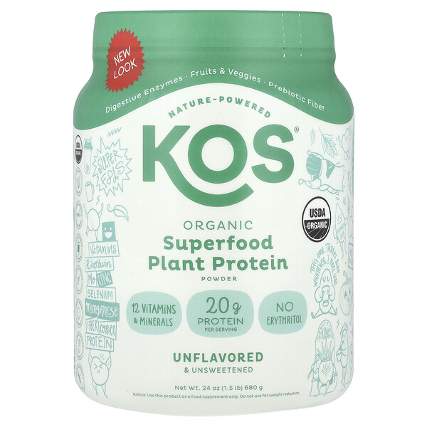 Organic Superfood Plant Protein Powder (Порошок), Unflavored (Без вкуса) & Unsweetened, 1.5 lb (Фунты) (680 g) KOS