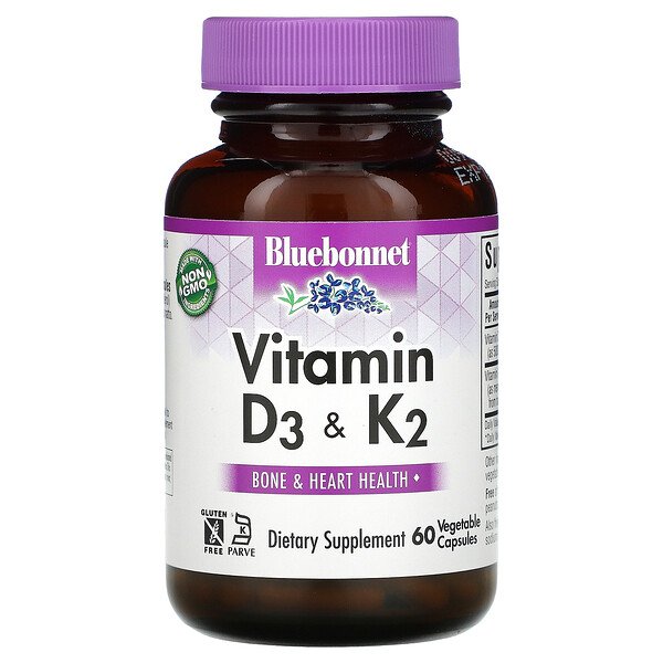 Витамин D3 и K2, 60 растительных капсул Bluebonnet Nutrition