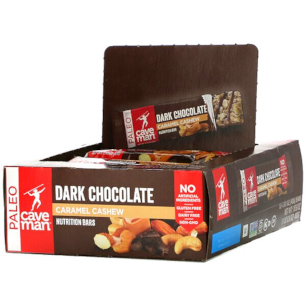 Nutrition Bars, Темный шоколад с карамелью и кешью, 12 батончиков, 1,41 унции (40 г) каждый Caveman Foods