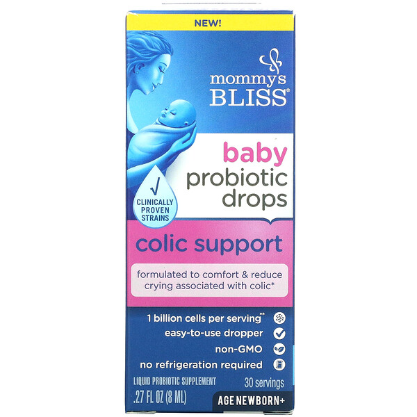 Детские пробиотические капли, поддержка при коликах, возраст новорожденный +, 8 мл (0,27 жидк. унции) Mommy's Bliss