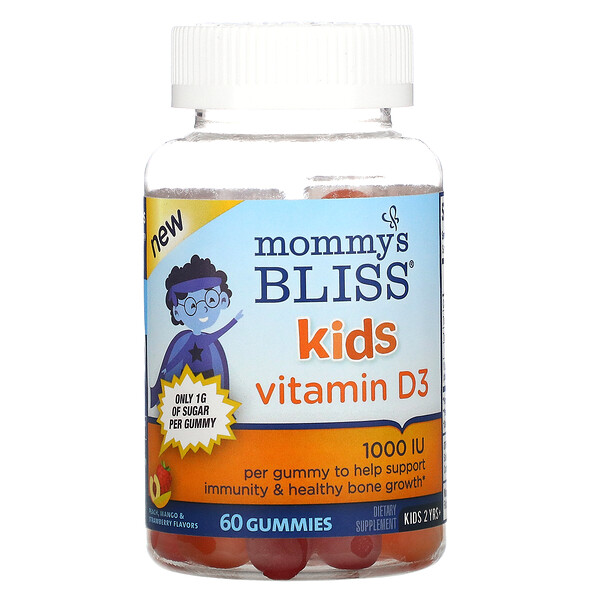 Kids, Витамин D3, со вкусом персика, манго и клубники, 1000 МЕ, 60 жевательных конфет Mommy's Bliss