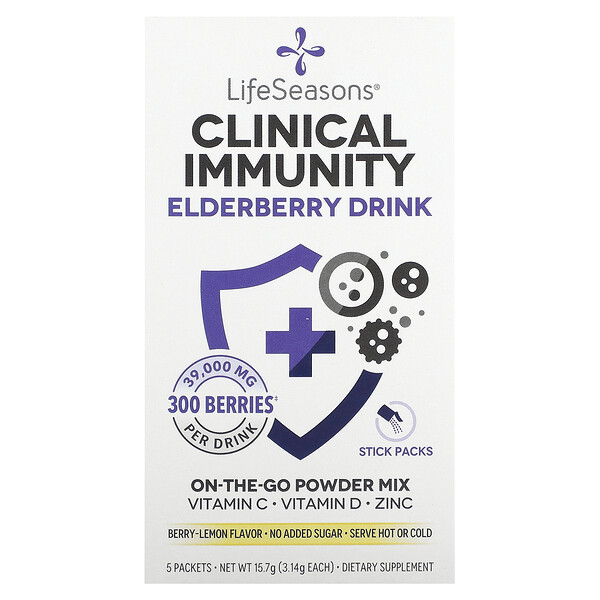 Clinical Immunity Elderberry Drink Mix, Berry-Lemon, 39 000 мг, 5 пакетиков по 3,14 г каждый LifeSeasons