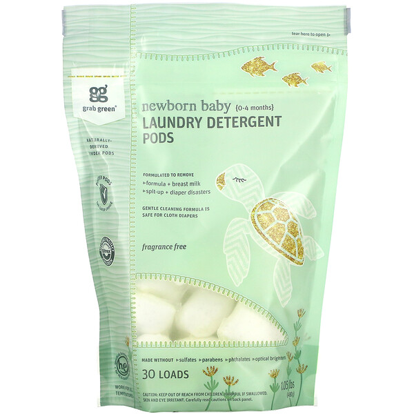 Стиральный порошок в капсулах для новорожденных, 0–4 месяца, без запаха, 30 загрузок Grab Green