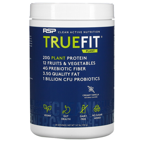 TrueFit Plant Protein Shake, Заменитель пищи, сливочно-ванильный, 1,67 фунта (760 г) RSP Nutrition