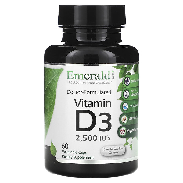 Витамин D3, 2500 МЕ, 60 вегетарианских капсул Emerald Labs