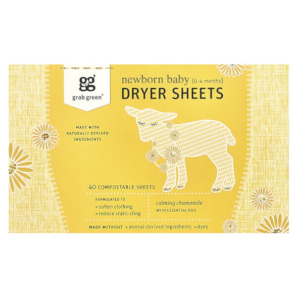 Кондиционеры для белья и сушки детских вещей Grab Green Newborn Baby Dryer Sheets, 0-4 Месяцев, 40 Компостируемых Листов Grab Green