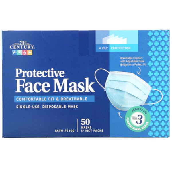 Защитная маска для лица, ASTM F2100, одноразовые маски одноразового использования, 50 масок, упаковки по 5-10 карат 21st Century