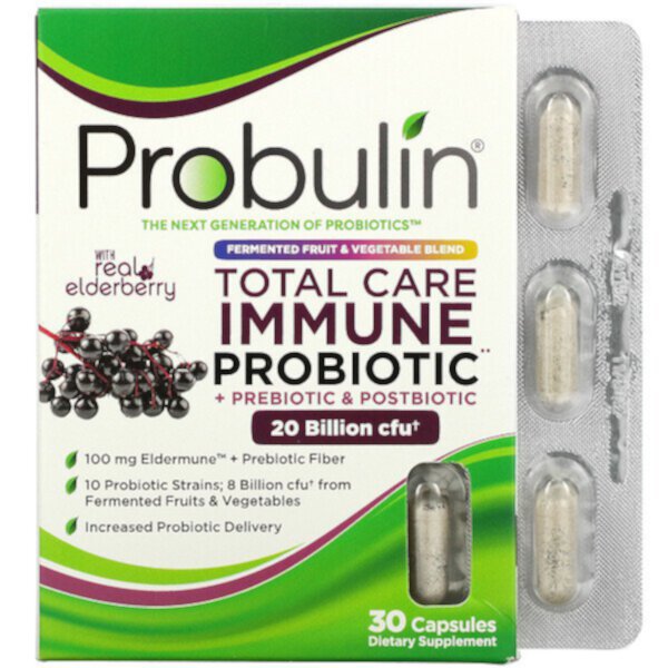 Total Care Immune Probiotic + Prebiotic & Postbiotic с настоящей бузиной, 20 миллиардов, 30 капсул (20 миллиардов КОЕ на капсулу) Probulin