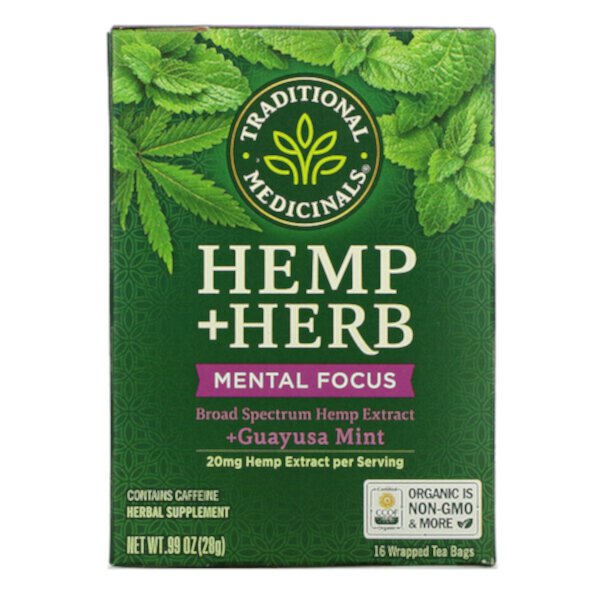 Hemp+ Herb, Mental Focus, + мята гуаюса, 16 чайных пакетиков в упаковке, 0,99 унции (28 г) Traditional Medicinals