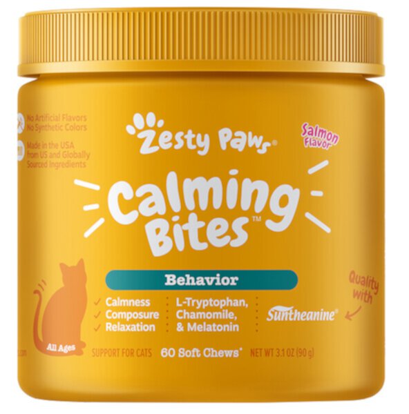 Calming Bites, Поведение для кошек, для всех возрастов, лосось, 60 мягких жевательных таблеток, 90 г (3,1 унции) Zesty Paws