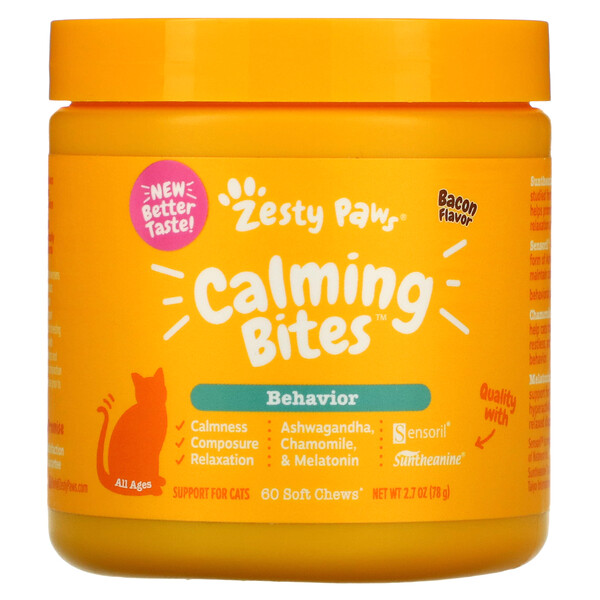 Calming Bites, Поведение для кошек, для всех возрастов, лосось, 60 мягких жевательных таблеток, 90 г (3,1 унции) Zesty Paws