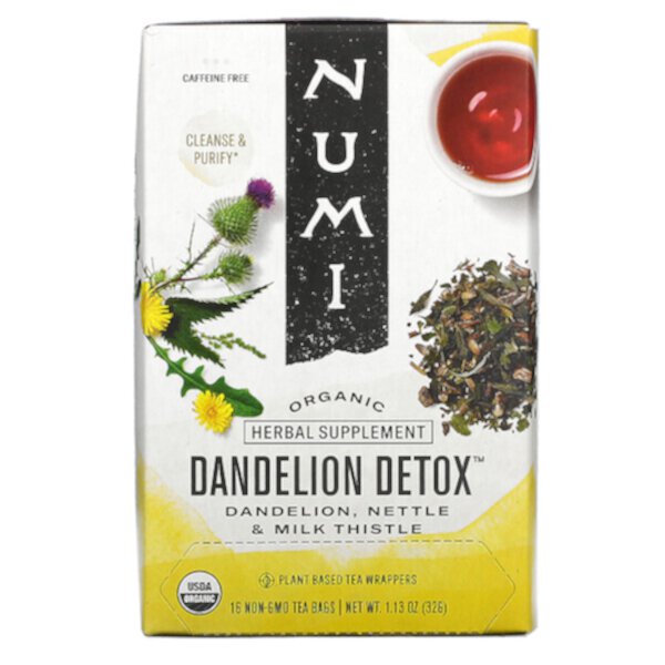 Organic, Детокс из одуванчика, без кофеина, 16 чайных пакетиков без ГМО, 1,13 унции (32 г) Numi Tea