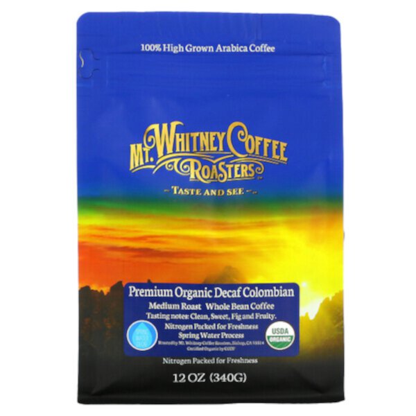 Колумбийский органический кофе премиум-класса без кофеина, цельнозерновой кофе, средней обжарки, 12 унций (340 г) Mt. Whitney Coffee Roasters