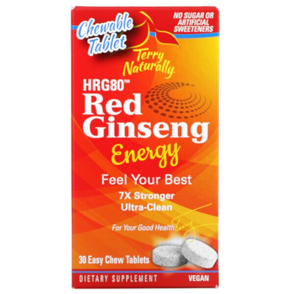 HRG80 Энергия красного женьшеня, 30 таблеток для легкого жевания Terry Naturally