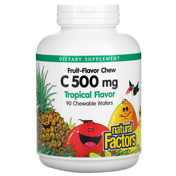 Витамин C, жевательные вафли с тропическим вкусом - 500 мг - 90 вафлей - Natural Factors Natural Factors