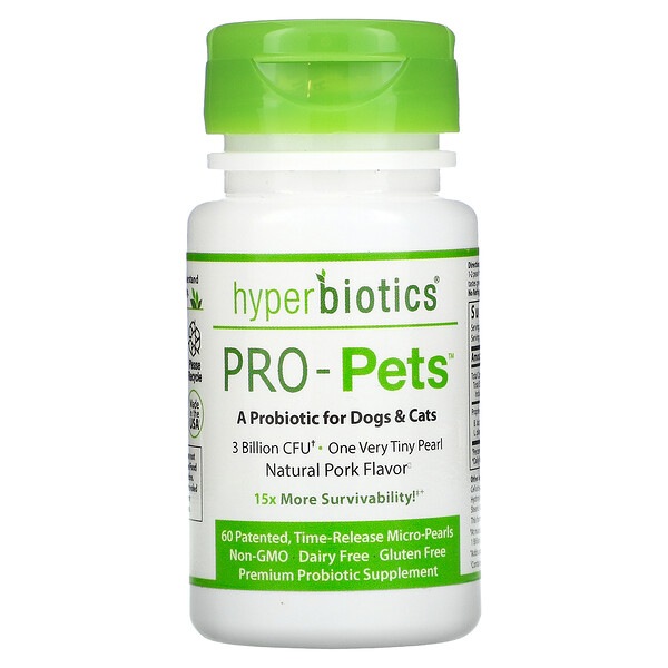 Pro-Pets, Пробиотики для собак и кошек, натуральная свинина, 3 миллиарда КОЕ, 60 запатентованных микрогранул пролонгированного действия Hyperbiotics