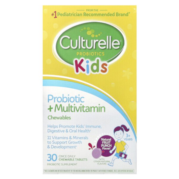 Kids, Probiotic + Multivitamin Chewables (Жевательные таблетки), 3+ Years, Natural Fruit Punch, 30 Chewable Tablets (Жевательные таблетки) Culturelle