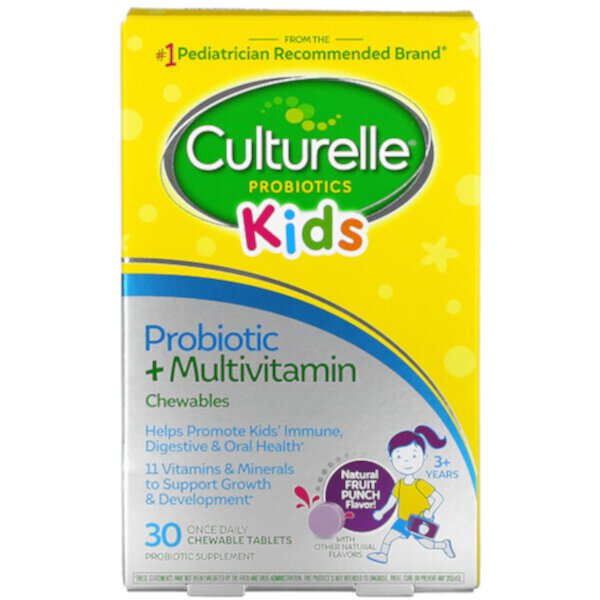 Kids, Жевательные таблетки с пробиотиками и мультивитаминами, от 3 лет и старше, натуральный фруктовый пунш, 30 жевательных таблеток Culturelle