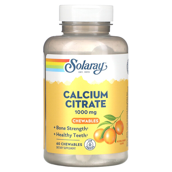 Цитрат кальция, натуральный апельсин, 1000 мг, 60 жевательных таблеток (250 мг на таблетку) Solaray