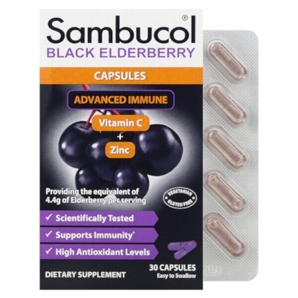 Капсулы из черной бузины, улучшенный иммунитет + витамин С + цинк, 30 капсул Sambucol