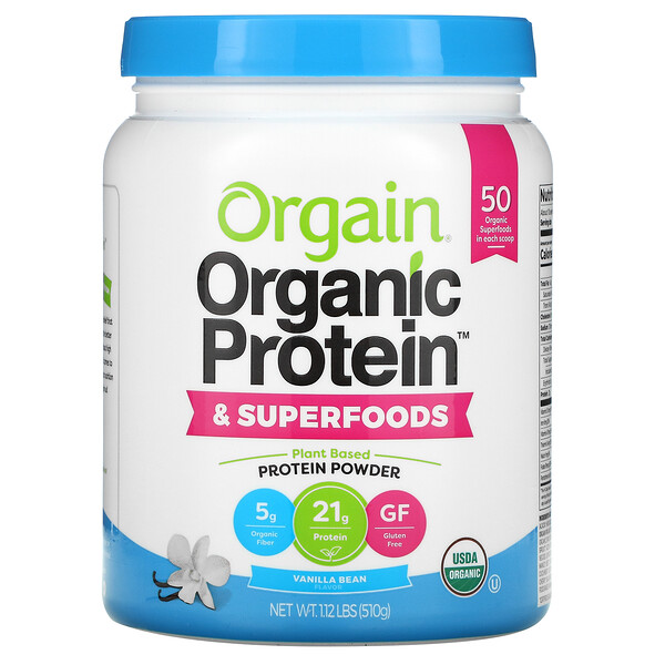 Органический порошок протеина и суперпродуктов, на растительной основе, стручки ванили, 1,12 фунта (510 г) Orgain