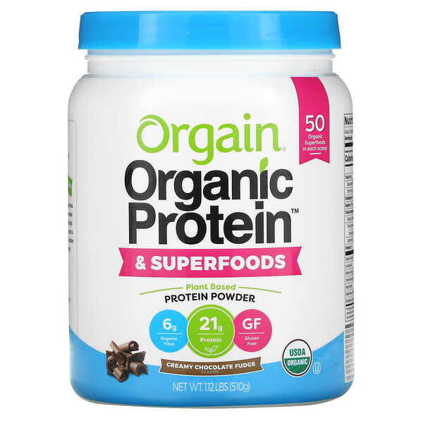 Органический порошок протеина и суперпродуктов, на растительной основе, сливочно-шоколадная помадка, 1,12 фунта (510 г) Orgain