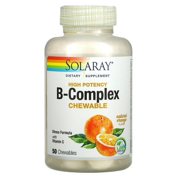 Высокоэффективный комплекс витаминов группы В с витамином С, натуральный апельсин, 50 жевательных таблеток Solaray