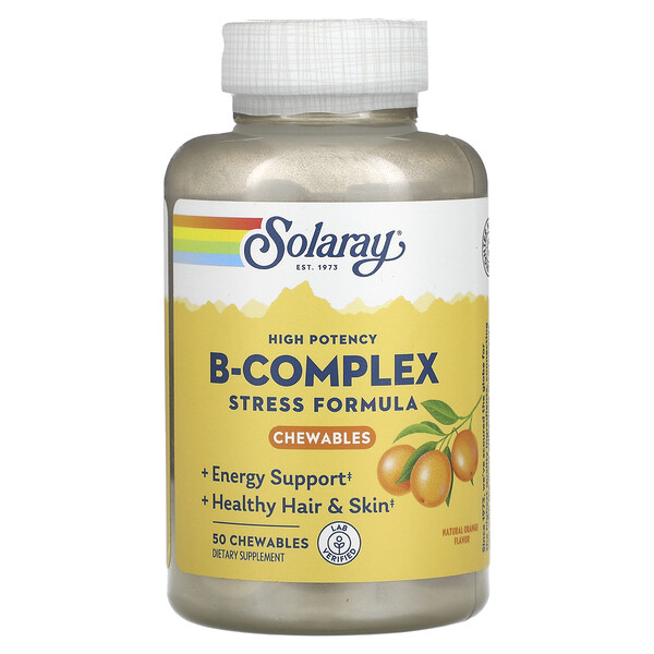 Высокоэффективный В-Комплекс, Натуральный апельсин, 50 жевательных таблеток - Solaray Solaray