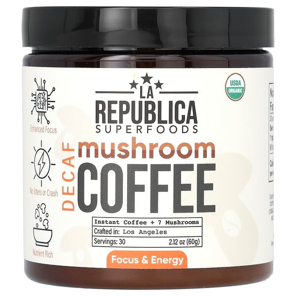 Mushroom Coffee, Растворимый кофе + 7 грибов, без кофеина, 2,12 унции (60 г) LA Republica
