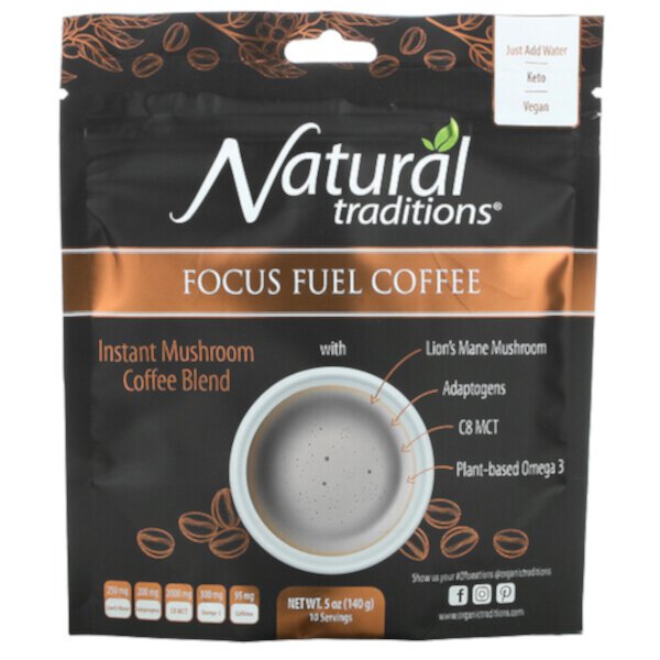 Focus Fuel Coffee, растворимая кофейная смесь с грибами, 5 унций (140 г) Organic Traditions