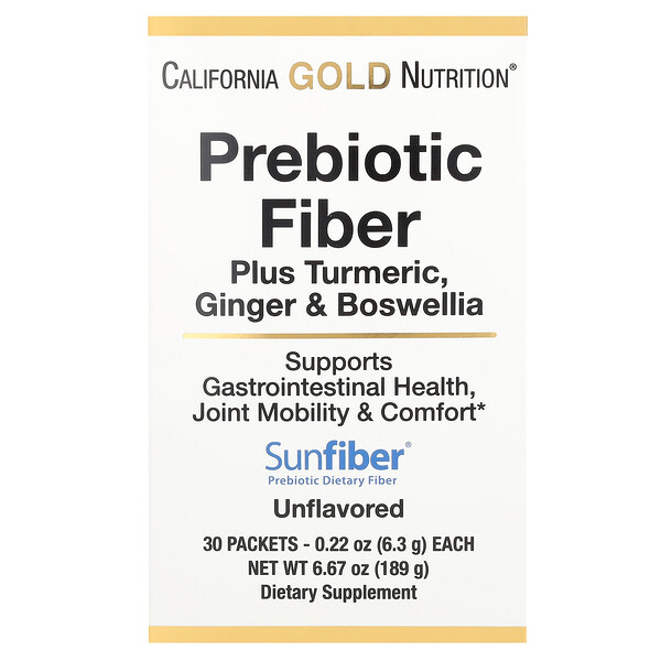 Пребиотическая клетчатка плюс куркума, имбирь и босвелия, 30 пакетиков по 0,22 унции (6,3 г) каждый California Gold Nutrition