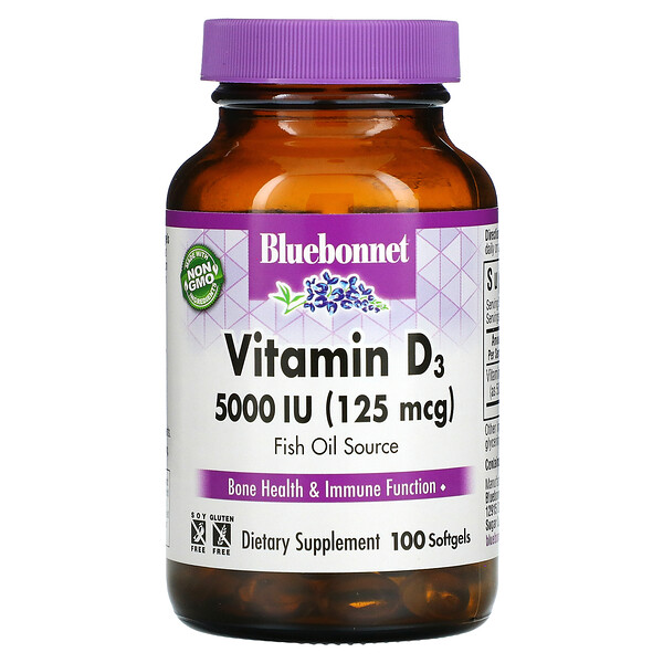 Витамин D3, 125 мкг (5000 МЕ), 100 мягких таблеток Bluebonnet Nutrition