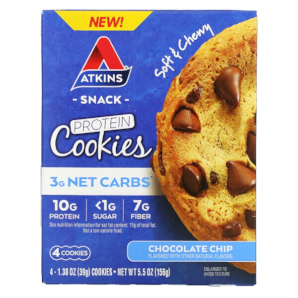 Snack, Протеиновое печенье, шоколадная стружка, 4 печенья, 1,38 унции (39 г) каждое Atkins