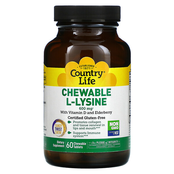 Жевательный L-лизин с витамином D и бузиной, 300 мг, 60 жевательных таблеток Country Life