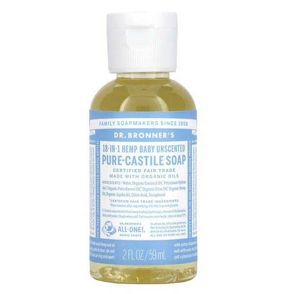18-in-1 Hemp Pure-Castile Soap, Детское мыло без запаха, 2 жидких унции (59 мл) Dr. Bronner's