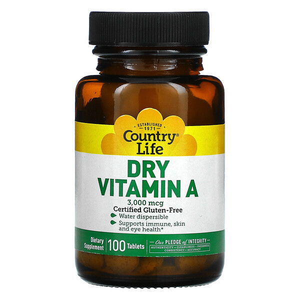 Сухой витамин А, 3000 мкг, 100 таблеток Country Life